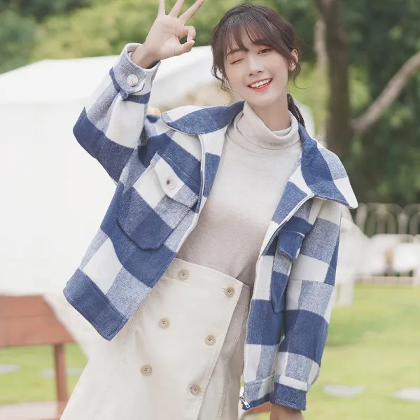 Happy 패션 체크 쇼트 루즈핏 가을겨울 인조모직코트 여성