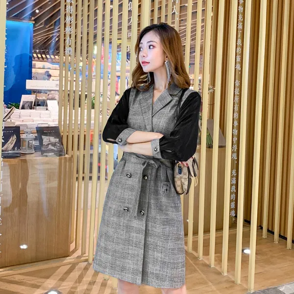 Okseller1 럭셔리 테일러드 체크 정장원피스