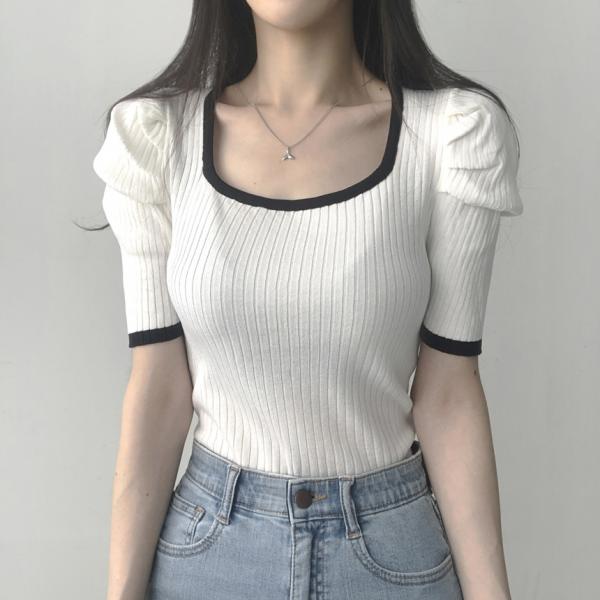 리리의감각 [1+1할인] 여성 퍼프 크롭 골지 배색 스퀘어넥 반팔 티셔츠