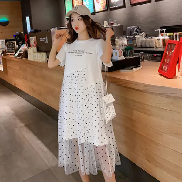 Aiermama 임부복 여름 반소매 원피스 45102603 화이트도트