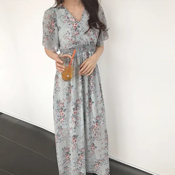  반하걸 무료배송 2color 벚꽃 플라워 브이넥 반팔 쉬폰 롱원피스