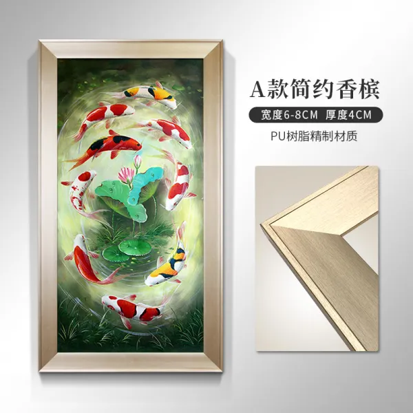 신 중국식 순수 핸드페인팅 유화그림 현관 인테리림 연꽃 구어 도모함 거실 세로판 복도 그림을 걸다 잉어 재물을 모으다, A타입 심플 샴페인 고참 화사 페인팅