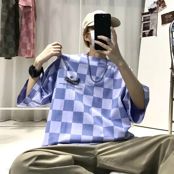 체크반팔티옷 남하 드랜드 드렌드 순면 코튼 보이핏 볼륨 와이드 루즈핏 트렌드 상의 감각 스타일리쉬