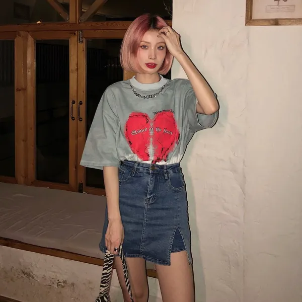 신성정보통신 하계반팔티 시끄럽다 하우스 타바스그레이 홀치기염색 티셔츠 여성 여름 신 와이드 루즈핏 사랑하트 플라워 프린트