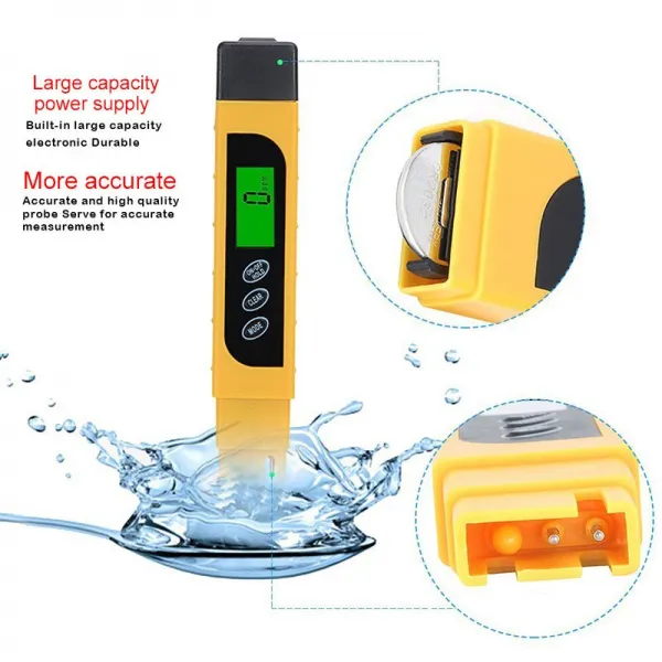 TDS 수질 시험기 범위 0-9999PPM 수질 순도 경도 테스트 용 미터 MAL999, YELLOW