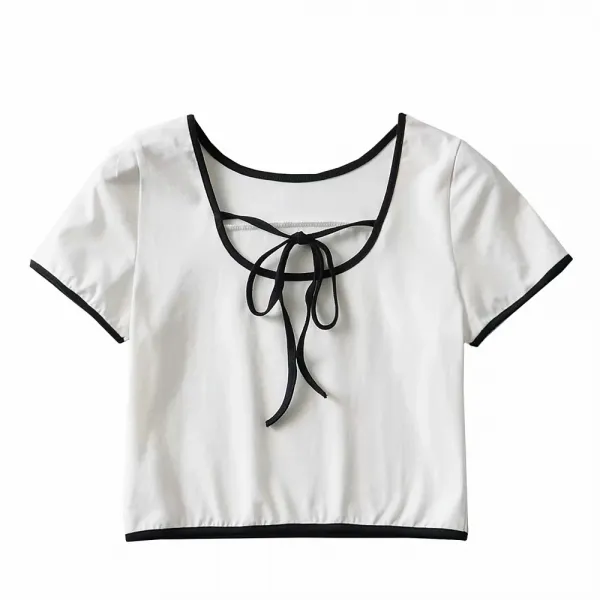 여자u넥티셔츠 2021여름 뉴타입 유럽미국 패션트렌드 슬림핏 심플 코디가잘되는 펀칭 끈허리띠 U넥여성 남성 T도매업을