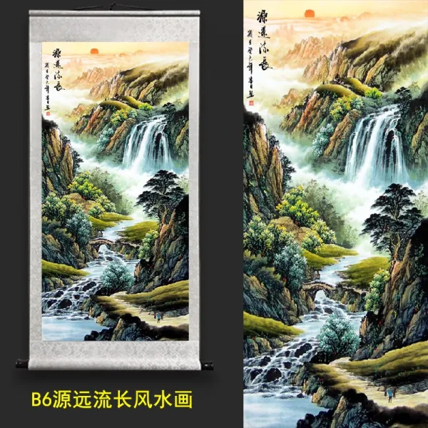 현관 행운이 찾아들다 국화 사무실 밝은 해가 동쪽에서 떠오르다 성어 흐르는 물이 돈을 낳다 사람, B6 원천원류 장풍 물 그림 세로의 사람 그림을 걸다