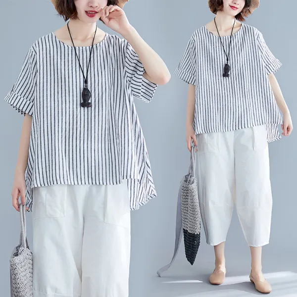 패션이루 린넨 스트라이프 셔츠 블라우스 여름 여성 반팔 미시