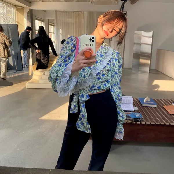 Jan.22 36번 낙착 망사 여성복 프린트 블라우스 긴팔 플라워 시폰 퍼프 레이스 상의Z