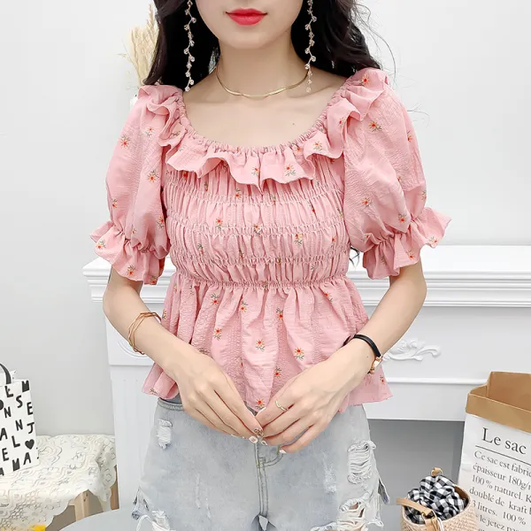뉴 프렌치 플라워 숏 퍼프 소매 상의 여 하 날씬해 보이는 셔츠 디자인 센스 소중 가볍고 친숙