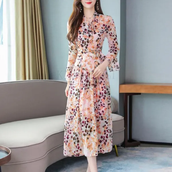 Kirahosi 가을 여성 쉬폰원피스 플라워 롱원피스 1 + 덧신 증정