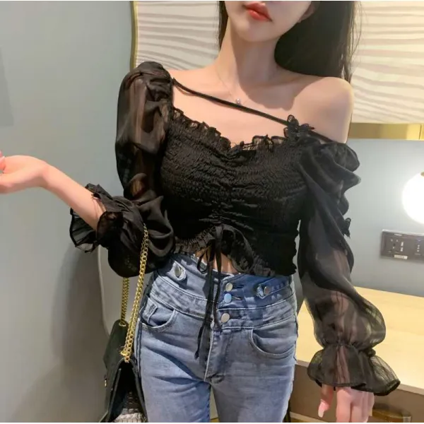 [SH111782] 실제촬영셔츠염계여성앳되다여성부락v넥 스트링 주름 쇼트상의디자인뭇사람의 감탄을 자아내는 것은 이른 가을에 감동하다.2