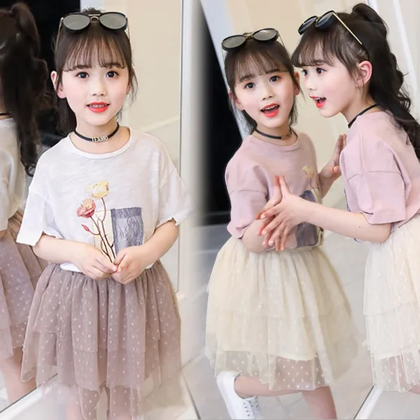 베비포 여아용 프린팅 반팔티 쉬폰 상하복 치마세트