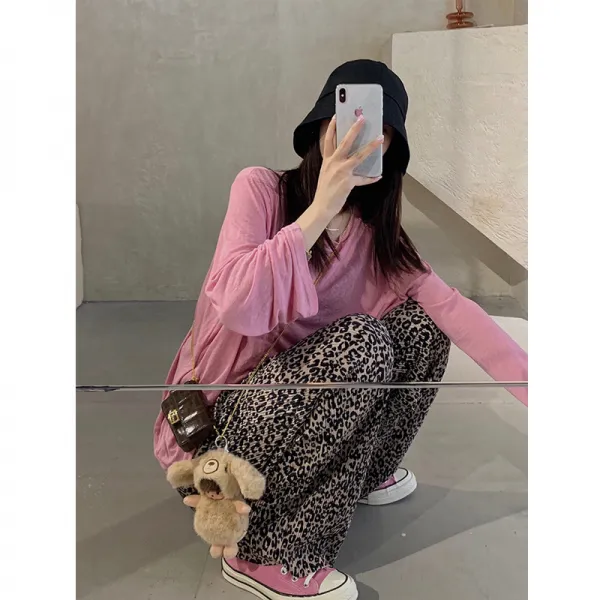 국경을 넘나드는 여류 레오파드 팬츠 여 하뉴 슬랙스 하이웨이스트 허리 날씬해 보이고 통 트롤리 흘러