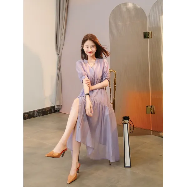 셔링 쉬폰 원피스 허리 스트링 단추형 롱스커트 퍼프소매 텐셀원단 우아한 여성스러운 마트룩 바캉스룩 오피스룩 등원룩
