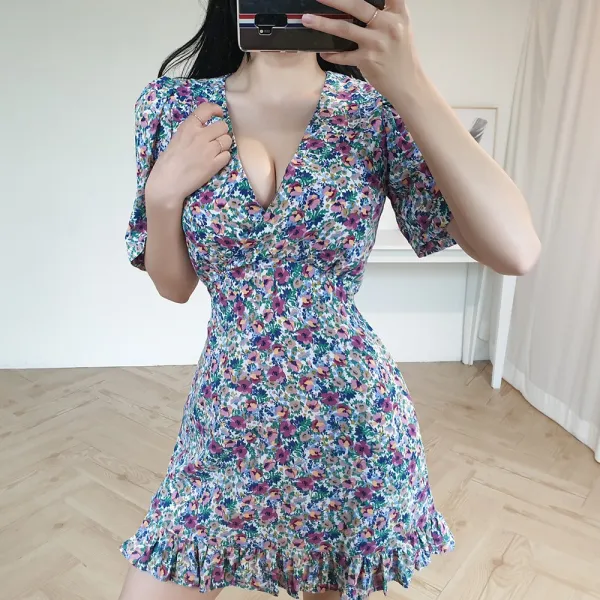 글램디브 플라워 브이넥 반팔 미니원피스