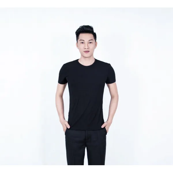 댄스복 남성 V라틴 현대무용 국제 플라자댄스 복무용 복트레이닝복 경기 상의, C02-블랙색 라운드넥(반팔)