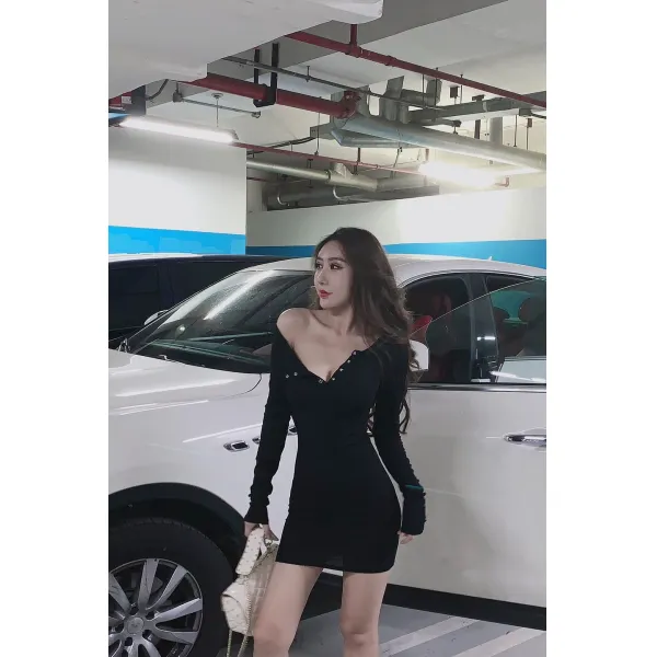 Abby금으로 만든 니트 긴소매 힙랩 비스듬한 어깨 버튼 슬림핏 스판 브이넥 보여 흉부위 섹시 원피스다