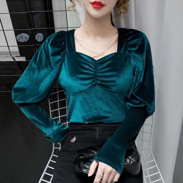 가성비몰 검정색긴팔셔츠 섹시 등성이가 노출된 금 벨벳 여성 겨울 가을 슬림 이너웨어 스퀘어넥 상의