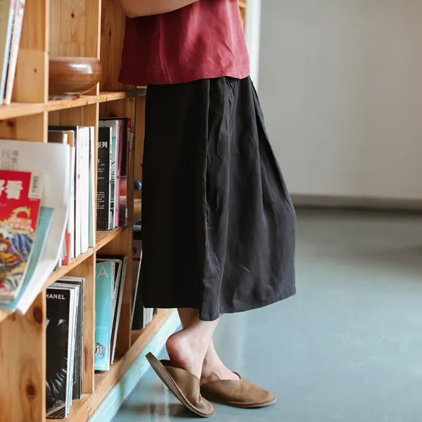 작은 귀 출품 구리 암모니아 주름살 투성이다 스커트 여자 여름 심플 무지 밴딩웨스트 주머니 미디 스커트예요