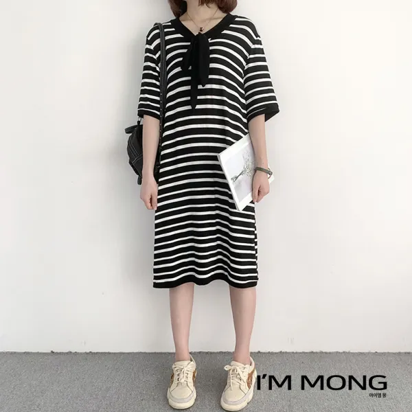 아이엠몽 여성 면 리본 스트라이프 단가라 라운드넥 세라복 원피스 Bb229052jm _78 미디원피스