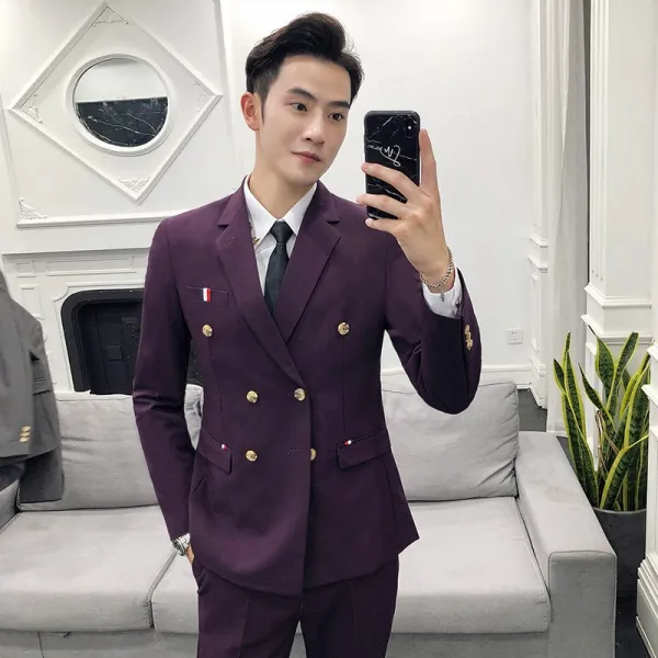 슬림 더블 브레스트 영국 스타일의 정장 사계절의 캐주얼 작은 정장 재킷 투피스 남성 한국어 버전, 퍼플 긴 소매 (싱글 슈트)