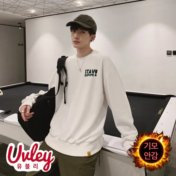 유블리 남성 봄 가을 겨울 데일리룩 이너맨투맨 이너룩 레이어드룩 따뜻한 안감기모 기모맨투맨 캐주얼룩 코디하기좋은 3가지컬러 프린팅맨투맨 흰색맨투맨 귀여운 남친룩 유니크 스트릿패션 기모 맨투맨 티셔츠 UV092HJ