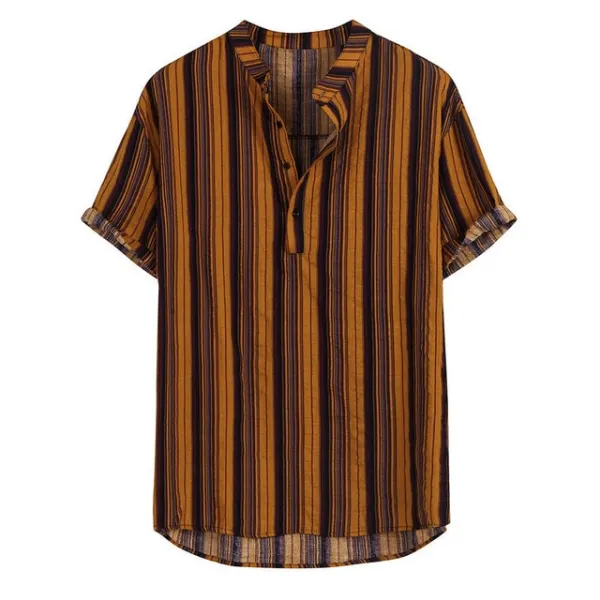 남자 셔츠 스탠드 칼라 스트립 인쇄 짧은 소매 느슨한 캐주얼 남자 셔츠 탑 가을 여름 새로운 남자 패션 셔