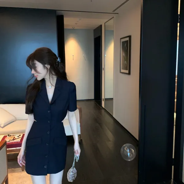 한우 칭찬함 여름 펀칭 허리보정 슬림핏 셋업 블루 원피스 기계 조심 A라인 여성 에이라인 에이라인원피스
