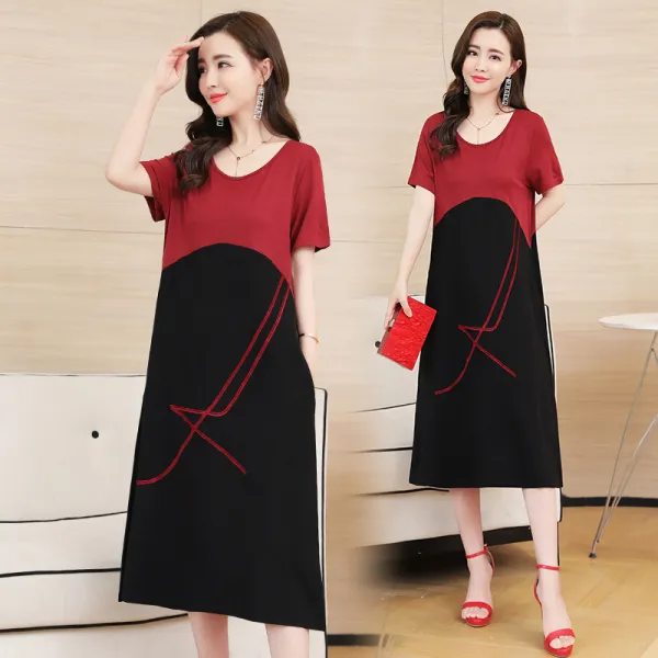 여 하 니트 레트로 루즈 미디 스커트 자수 큰 사이즈 여장 패치 원피스