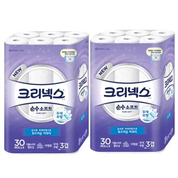 크리넥스 3겹 순수소프트 27m 롤화장지, 30롤, 2팩
