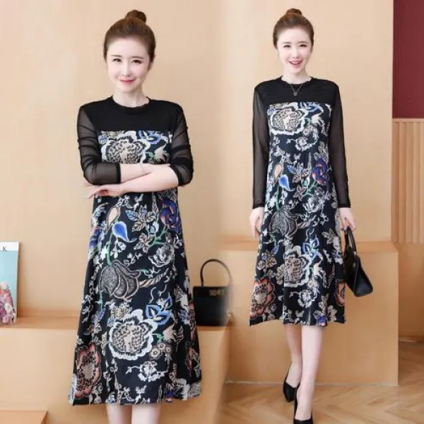빅사이즈 코디 의류 여성의 가을 복고풍 고귀한 인쇄 바느질 슬림 긴 드레스_34384