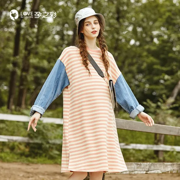 임산부스커트 임산부 니트 원피스 봄가을 뉴타입 스트라이프 패치워크 순면 루즈핏 오버사이즈 긴팔