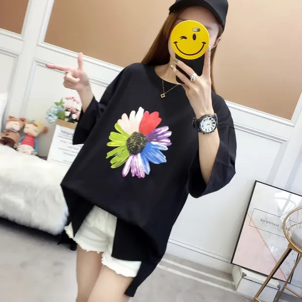 SIMKUNG 심쿵마켓 빅사이즈 오버핏 프린트 플라워 루즈핏 반팔 티셔츠