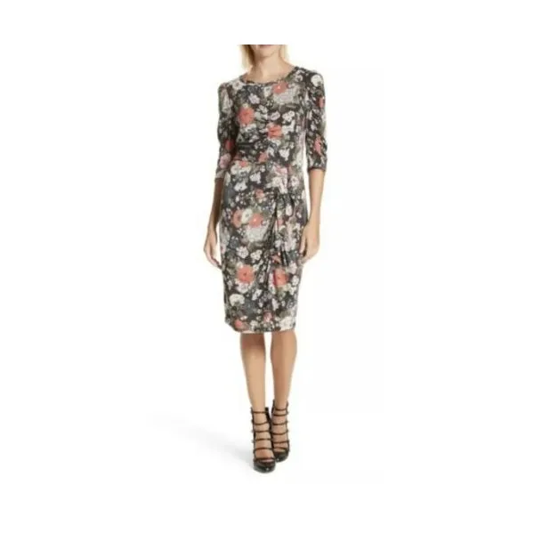 125539 레베카테일러 Rebecca Taylor 드레스 Lua 블랙 Floral Wool Jersey Ruched Ruffle Front S Small