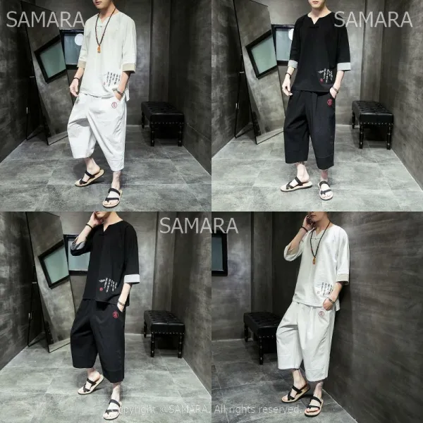 Qterra 특허브랜드 와이드팬츠 세트 반팔 반팔티셔츠 투피스 남자 자수