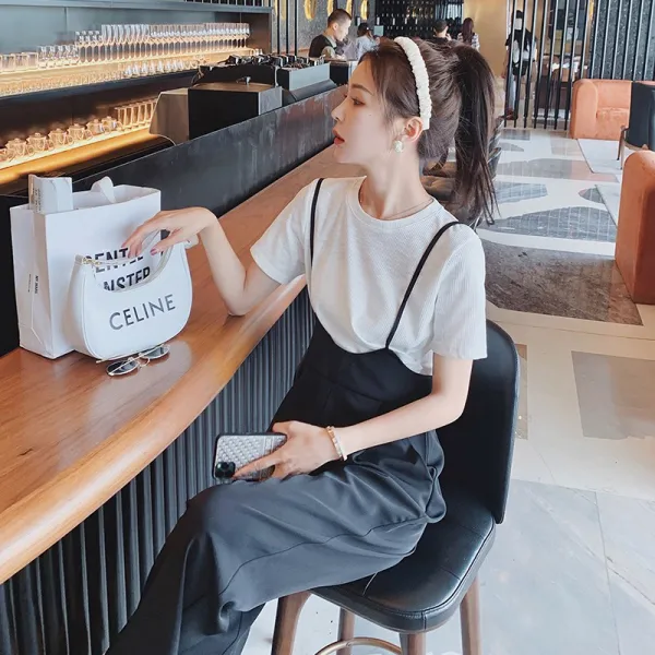 여름 얇은 시폰 나시 세트 여 하이웨이스트 블랙 슬림 멜빵 투피스연령이 감소하다Z