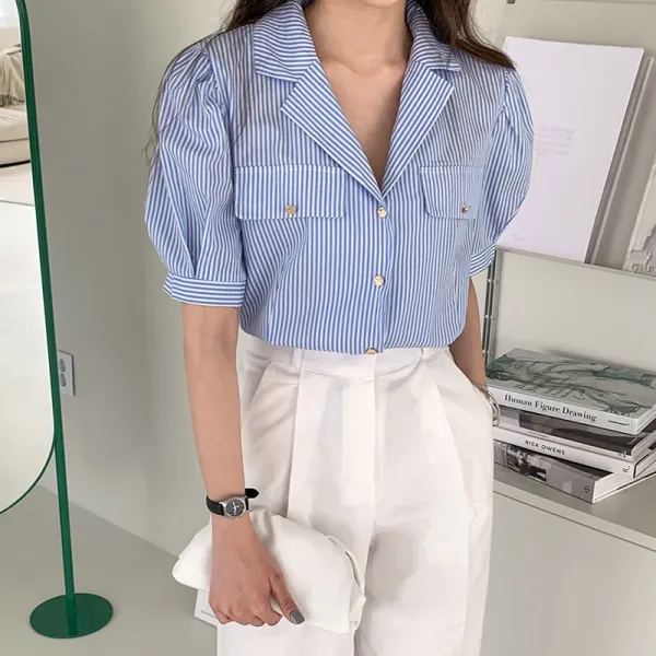 [무료배송/2color] 달리샵 여성 여름 테일러드 카라 스트라이프 레나 스트 블라우스