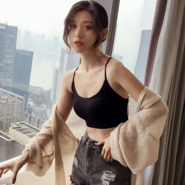 섹시 백스트랩 브라탑 테이퍼드 란제리 여미등 교차대 가슴 패드 일편형 랩브라 블랙화이