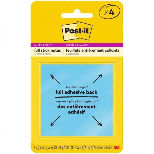 포스트 잇 슈퍼 스티커 풀 스틱 노트(Post-it Super Sticky Full Stick 노트) 3 in x 3 in 4 패드 고착 파워 2배 리우데자, 단일옵션