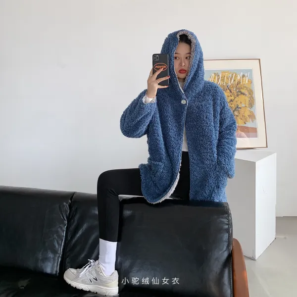 여성 루즈핏 홈웨어 보들보들 램스울 후드 가디건