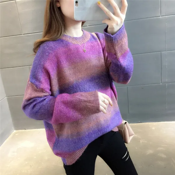 가을 라운드 배색 루즈핏 니트 상의