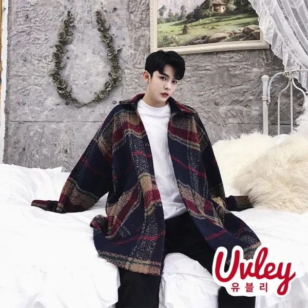 유블리 남성 체크무늬 셔츠 자켓 넥카라 하프기장 모직자켓 체크 블레이져자켓(UV049KSY)
