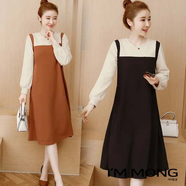 아이엠몽 여성 봄 가을 겨울 셔링 긴팔 라운드넥 플레어 데이트룩 사랑스러운룩 미디 기장 원피스 Bb2213027si 