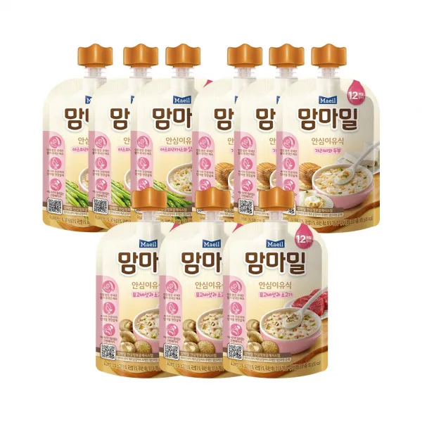 맘마밀 안심이유식 12개월 가리비와두부+아스파라거스와닭가슴살+표고버섯과소고기 3종 3팩 (총9팩), 1세트