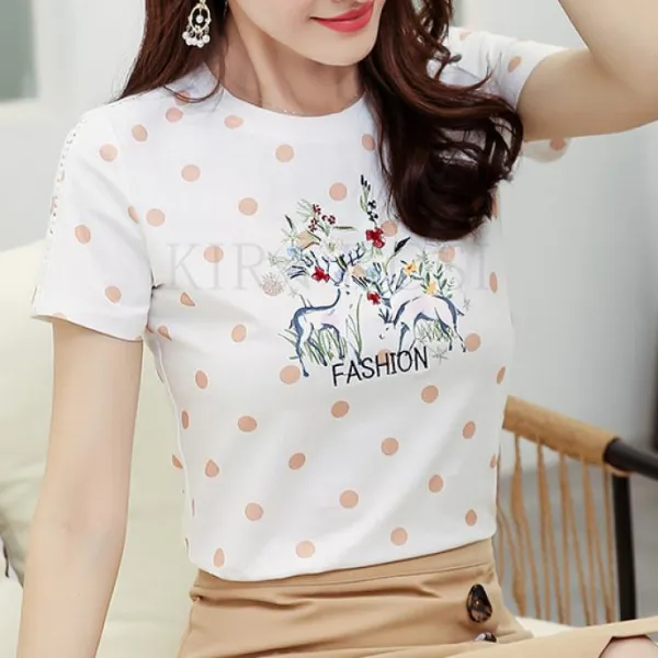 kirahosi 여성 도트 반팔 티 블라우스 상의 캐주얼 260호 + 덧신 증정 CDmkboli