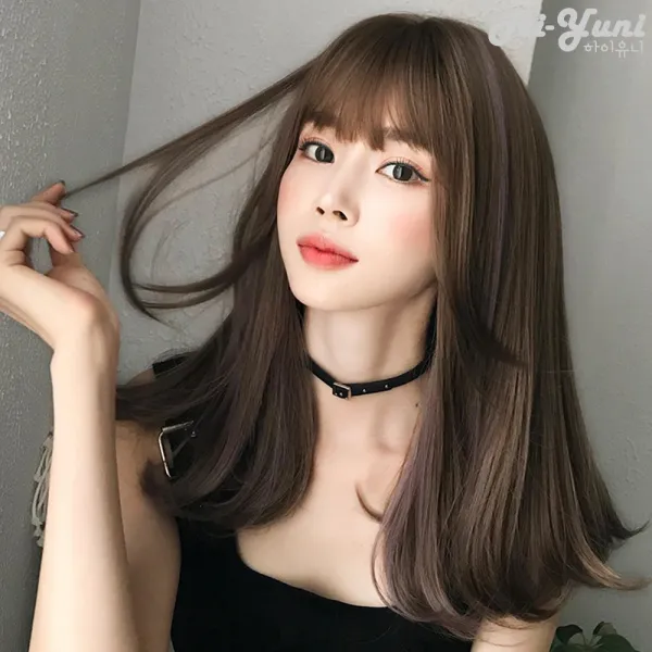 하이유니 브릿지 중단발 레이어드컷 헤어 단발 통가발 가발 45cm+ 가발망 + 거치대 세트, 허니브라운-애쉬퍼플브릿지 / 45cm