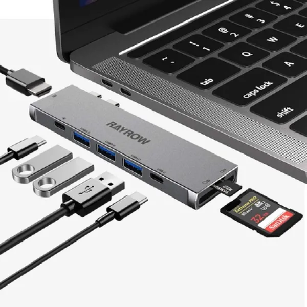 RAYROW Macbook pro USB 유형 c에서 hdmi 허브로 3개의 USB3.0 포트 tfsd 카드 판독기 USB 전원 공급, 상세 설명 참조0