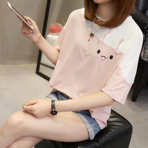 제이앤제이 면반팔티셔츠 코튼반팔티셔츠 동년배 소녀 여름 상의 중학교 박시반팔티