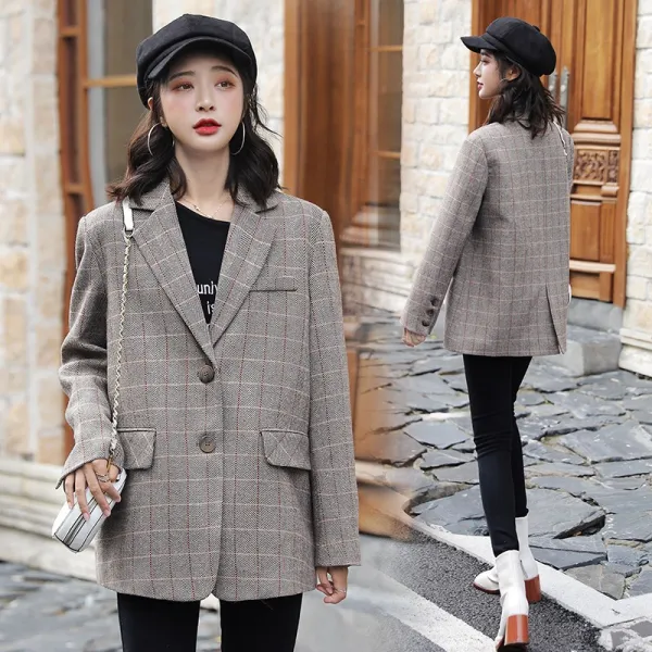 데일리룩 패션 페미니한 루즈핏 체크 투 버튼 자켓